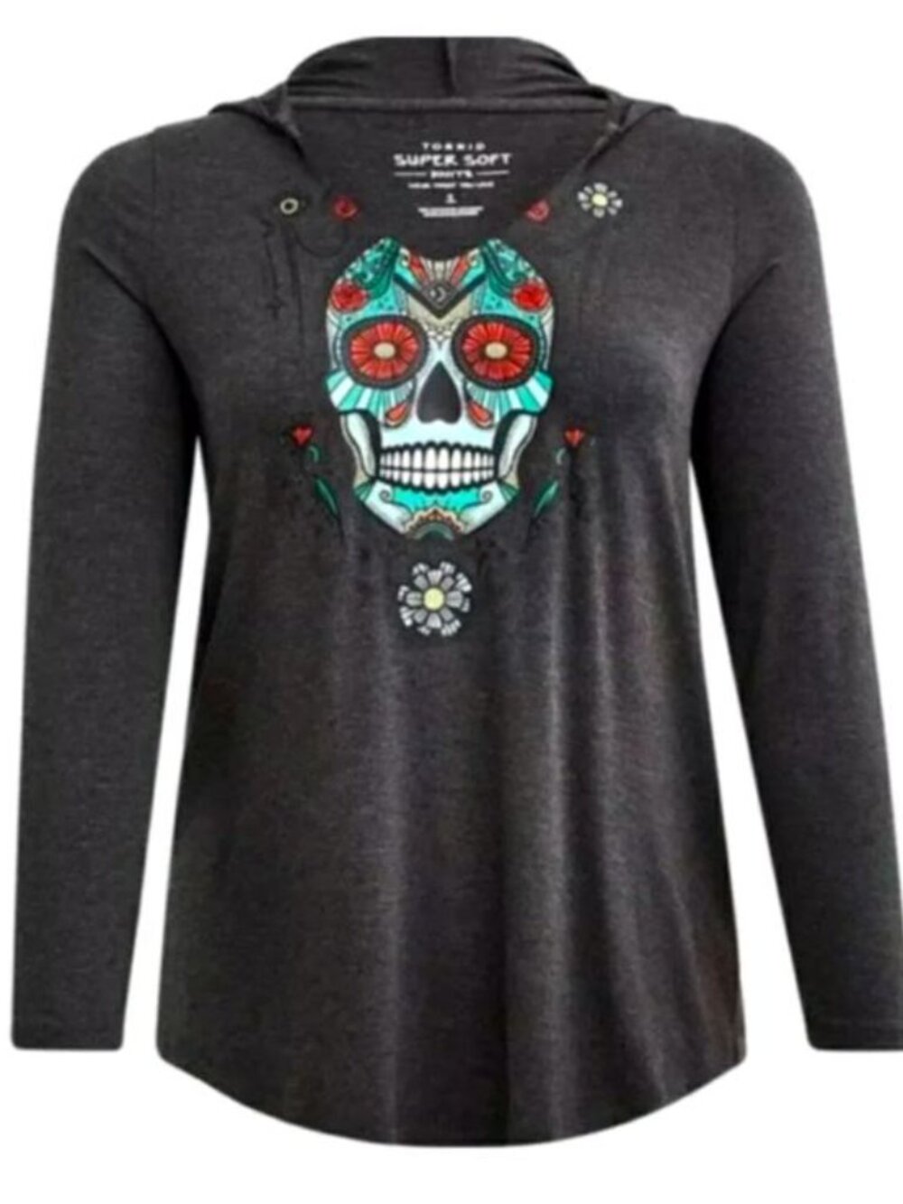 Torrid NWOT Charcoal Grey Soft Soft Pullover Hoodie Day of the Dead Skull Size 3